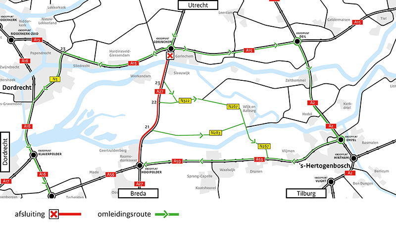 Kaartje waarop de locatie van de afsluiting bij Gorinchem en de omleiding is aangegeven