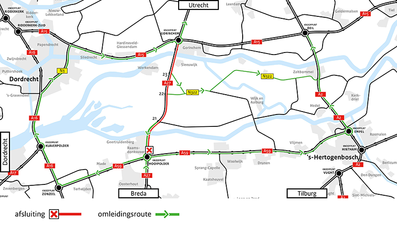 Kaartje waarop de locatie van de afsluiting bij Breda en de omleiding is aangegeven
