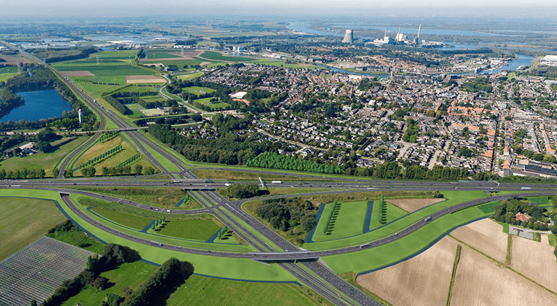 Luchtfoto met daarop een visualisatie van de toekomstige situatie op knooppunt Hooipolder. Op de voorgrond de nieuwe verbindingsboog van de A59 naar de A27 (richting Utrecht).