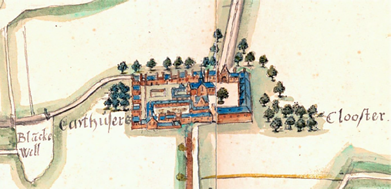 Een tekening van het kloostercomplex in 1571