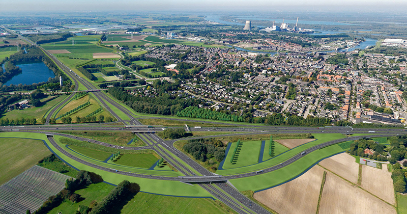 Luchtfoto van knooppunt Hooipolder met daarop de visualisatie van de toekomstige nieuwe verbindingsboog van de A59 naar de A27 richting Gorinchem.