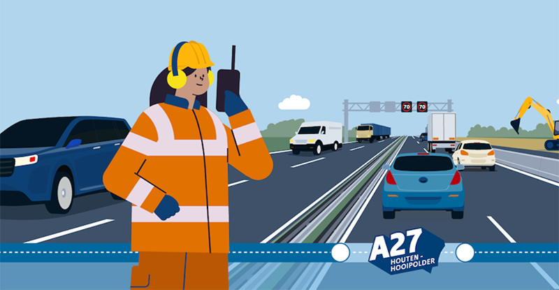 Illustratie van de snelweg en werknemer in oranje veiligheidskleding
